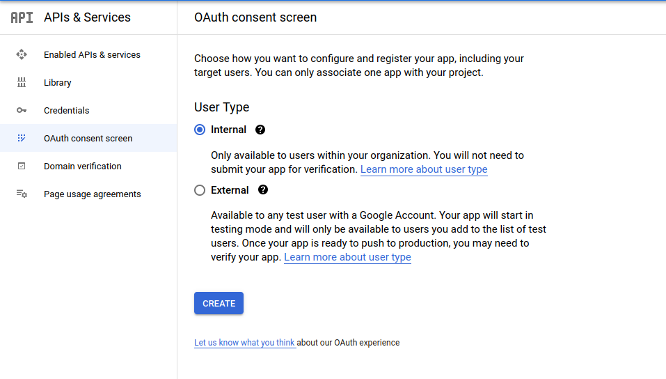 Choosing the User Type - Google OAuth